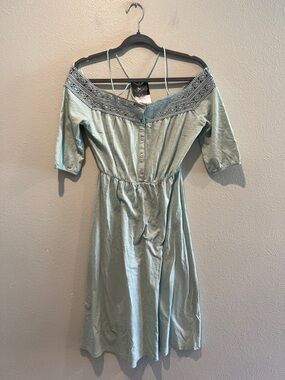 Topshop Sage Green One-Shoulder Midi Dress with Embroidered Yoke